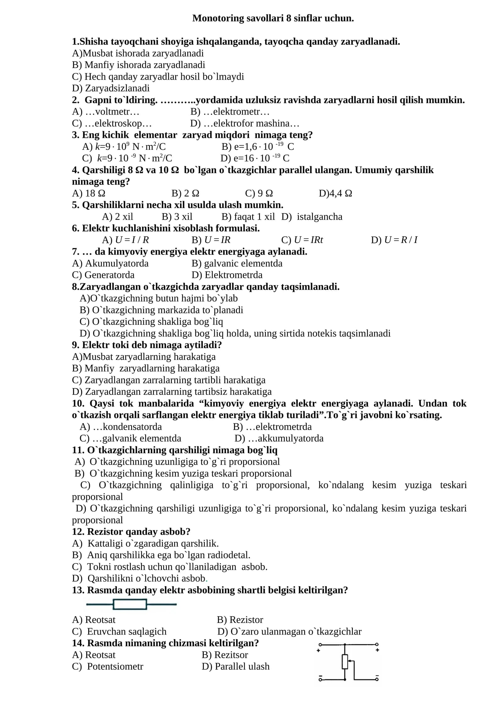 Monotoring savollari 8 sinflar uchun