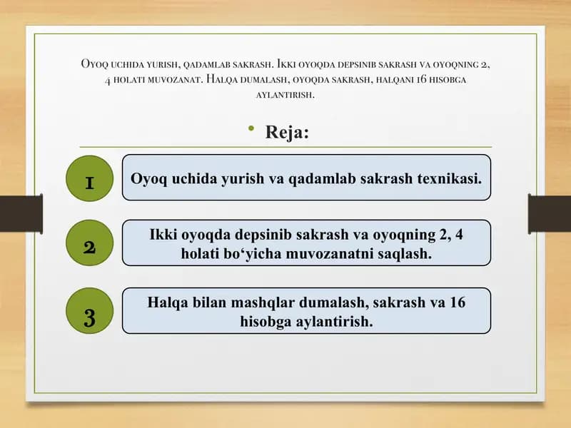 Oyoq uchida yurish va qadamlab sakrash texnikasi
