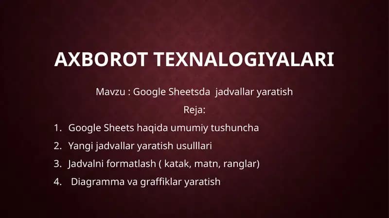 Google Sheetsda  jadvallar yaratish
