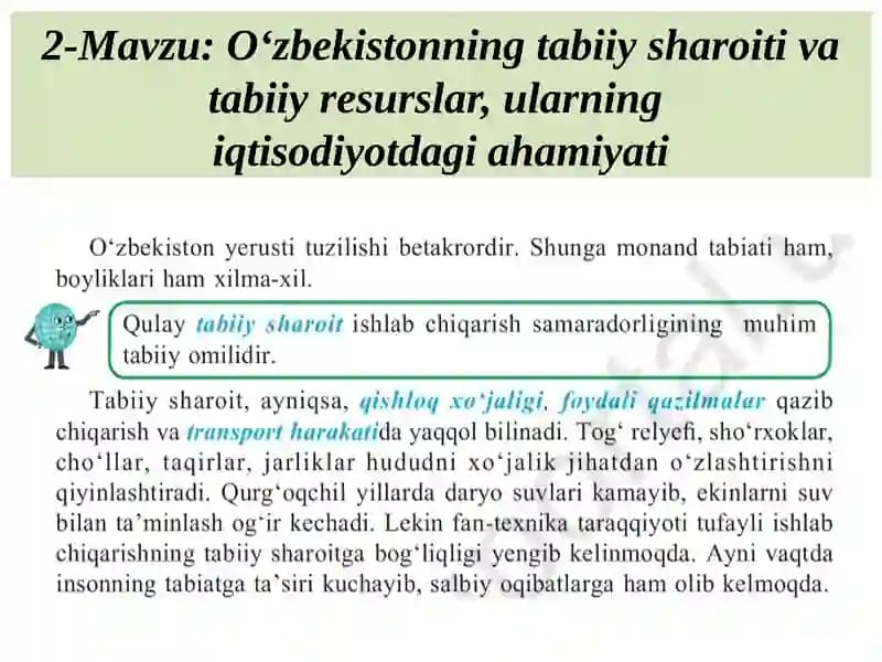 O‘zbekistonning tabiiy sharoiti va tabiiy resurslar