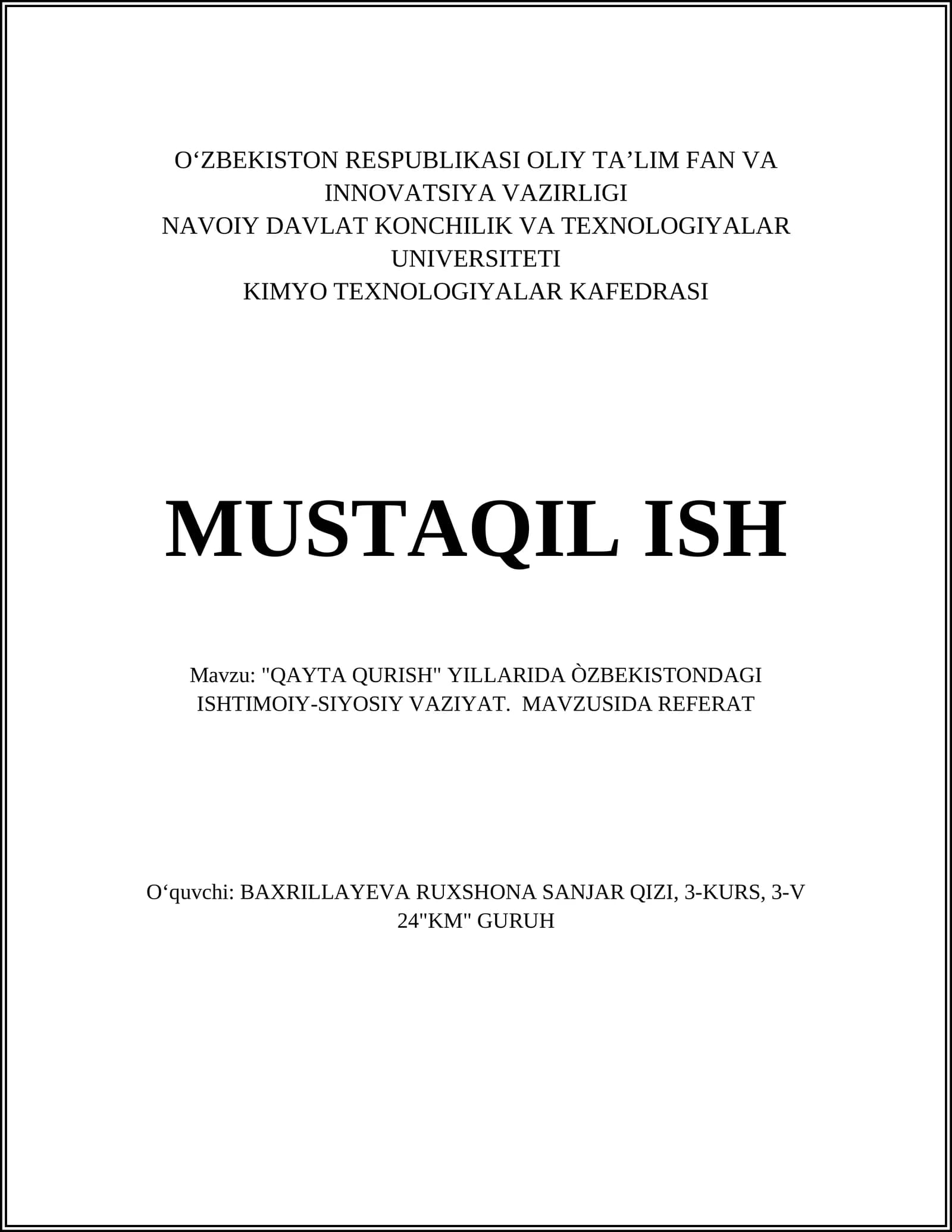QAYTA QURISH" YILLARIDA ÒZBEKISTONDAGI ISHTIMOIY-SIYOSIY VAZIYAT. MAVZUSIDA REFERAT