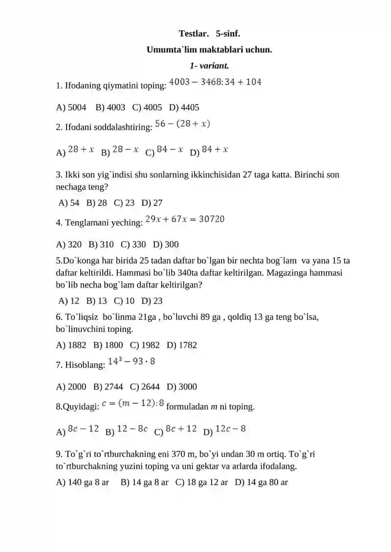 5-6-7-8-sinf MATEMATIKA TESTLAR to’plami