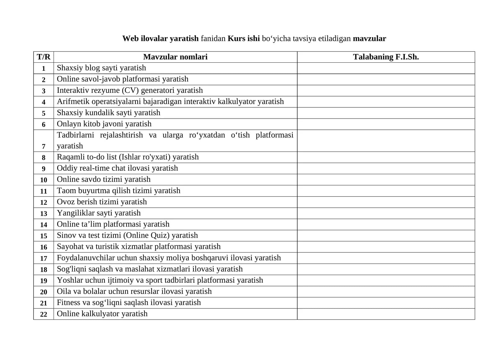 Web ilovalar yaratish fanidan Kurs ishi bo‘yicha tavsiya etiladigan mavzular