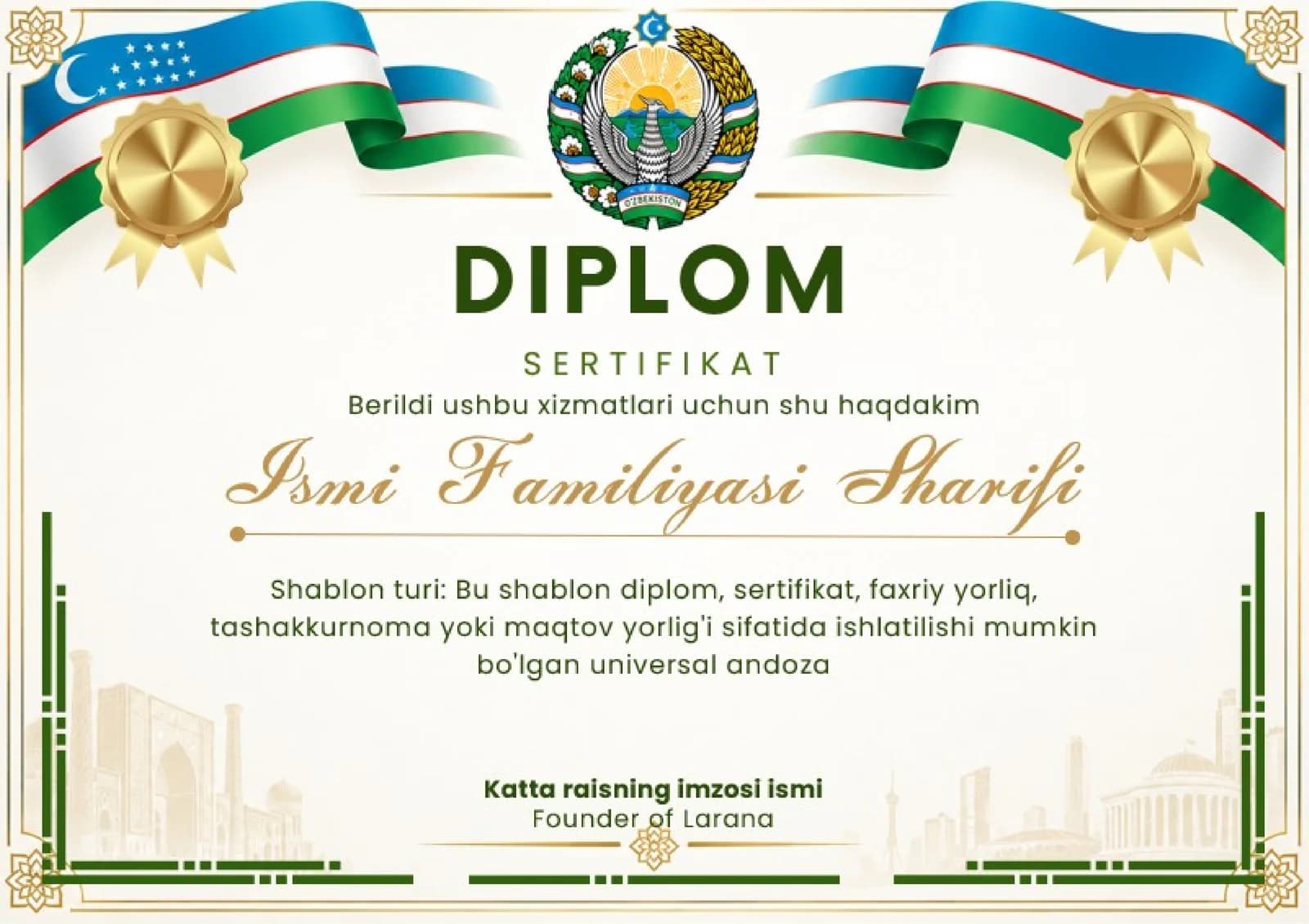 Shablon diplom, sertifikat, faxriy yorliq, tashakkurnoma yoki maqtov yorlig'i