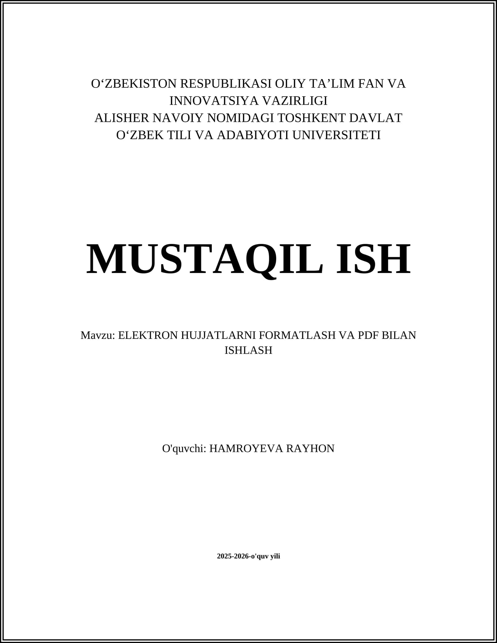 ELEKTRON HUJJATLARNI FORMATLASH VA PDF BILAN ISHLASH