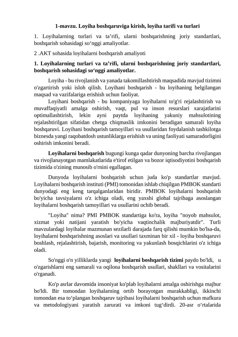 Loyiha boshqaruviga kirish, loyiha tarifi va turlari