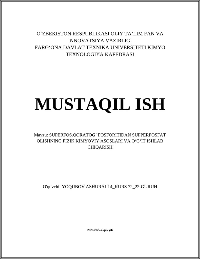 SUPERFOS.QORATOGʻ FOSFORITIDAN SUPFERFOSFAT OLISH