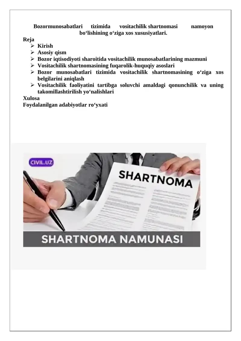 Bozor iqtisodiyoti sharoitida vositachilik shartnomasi