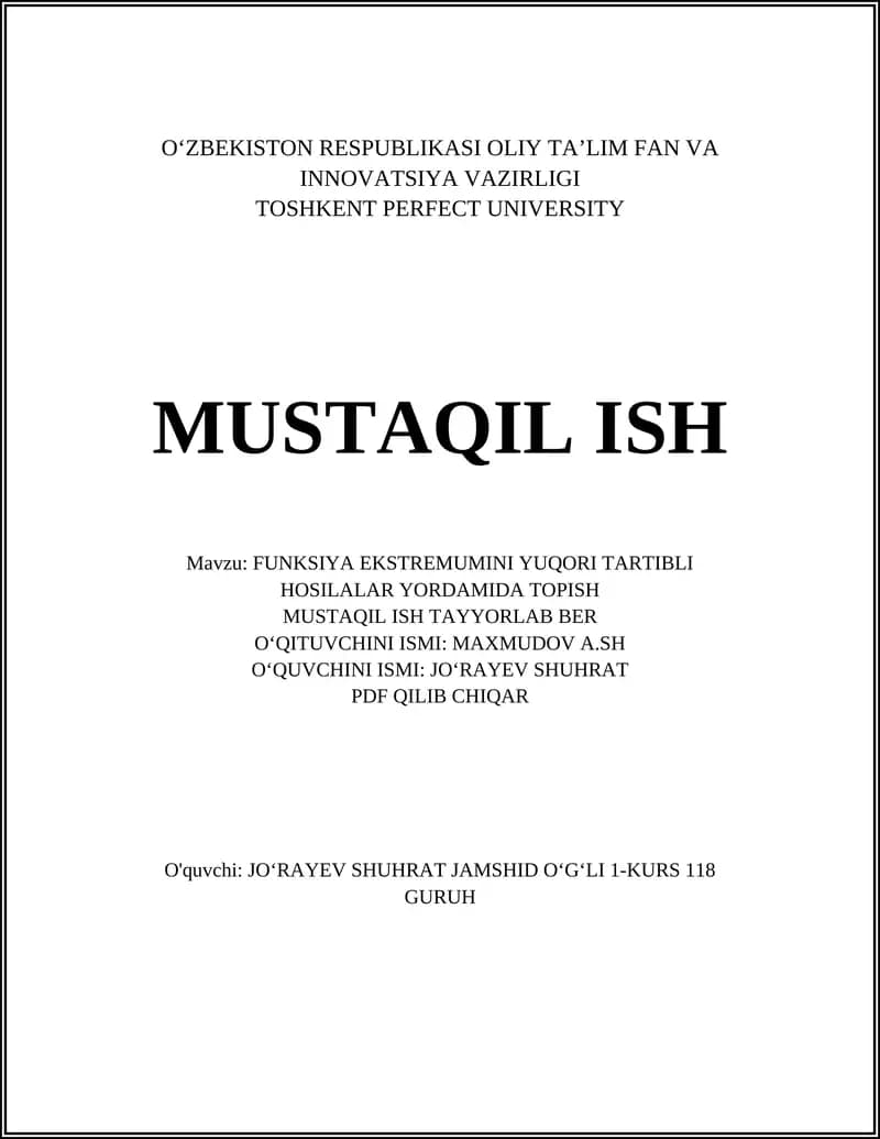 FUNKSIYA EKSTRЕMUMINI YUQORI TARTIBLI HOSILALAR YORDAMIDA TOPISH
