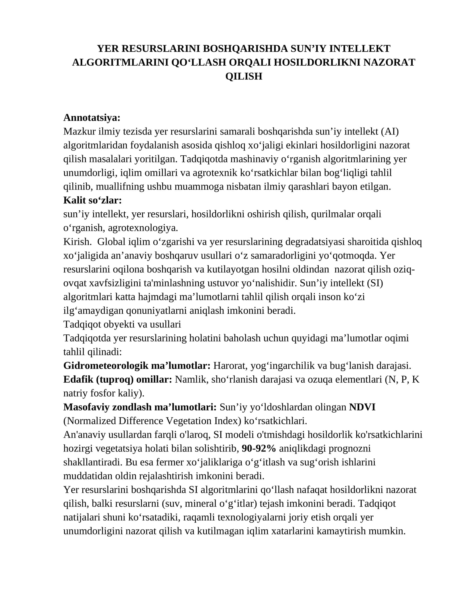 YER RESURSLARINI BOSHQARISHDA SUN’IY INTELLEKT ALGORITMLARINI QO'LLASH ORQALI HOSILDORLIKNI NAZORAT QILISH