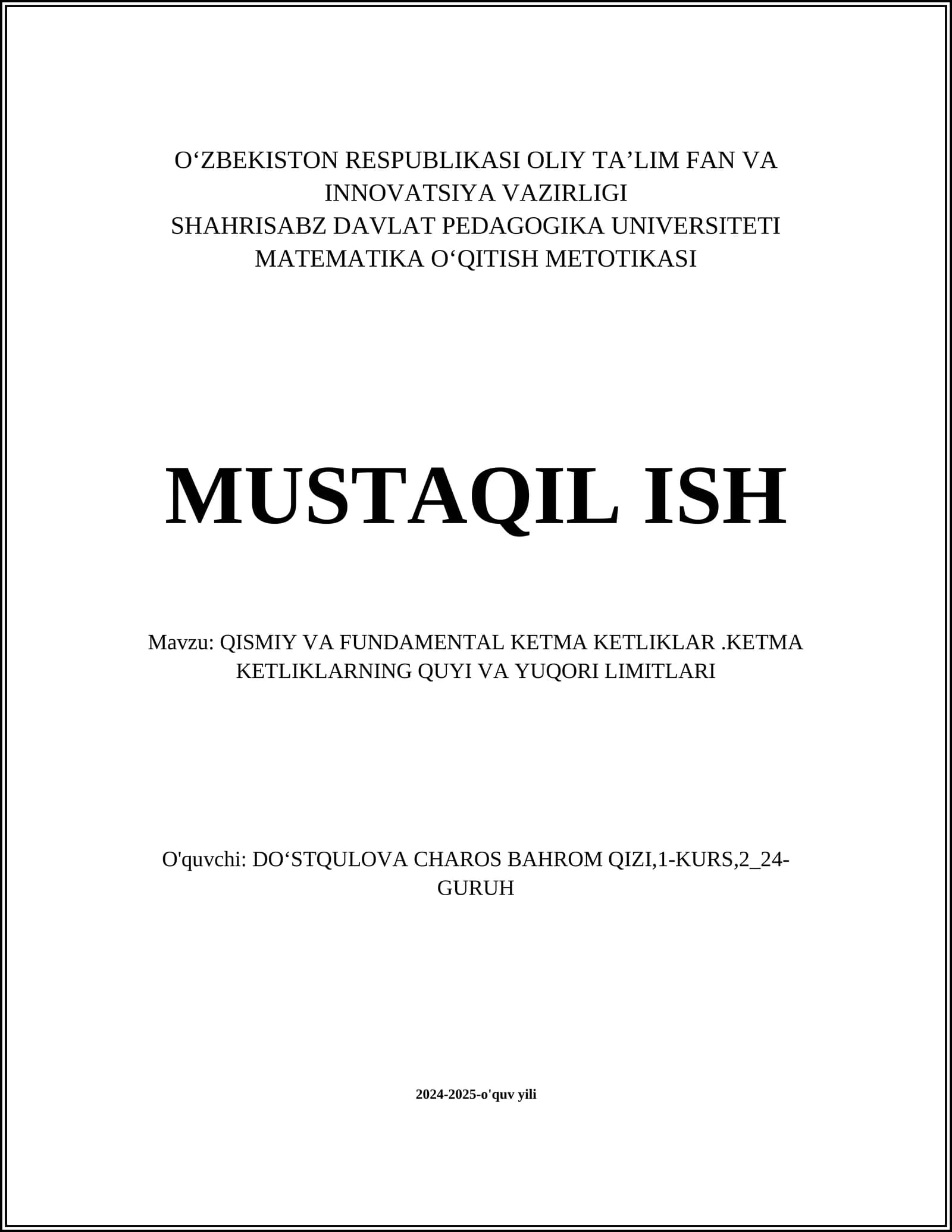 MATEMATIKA OʻQITISH METOTIKASI