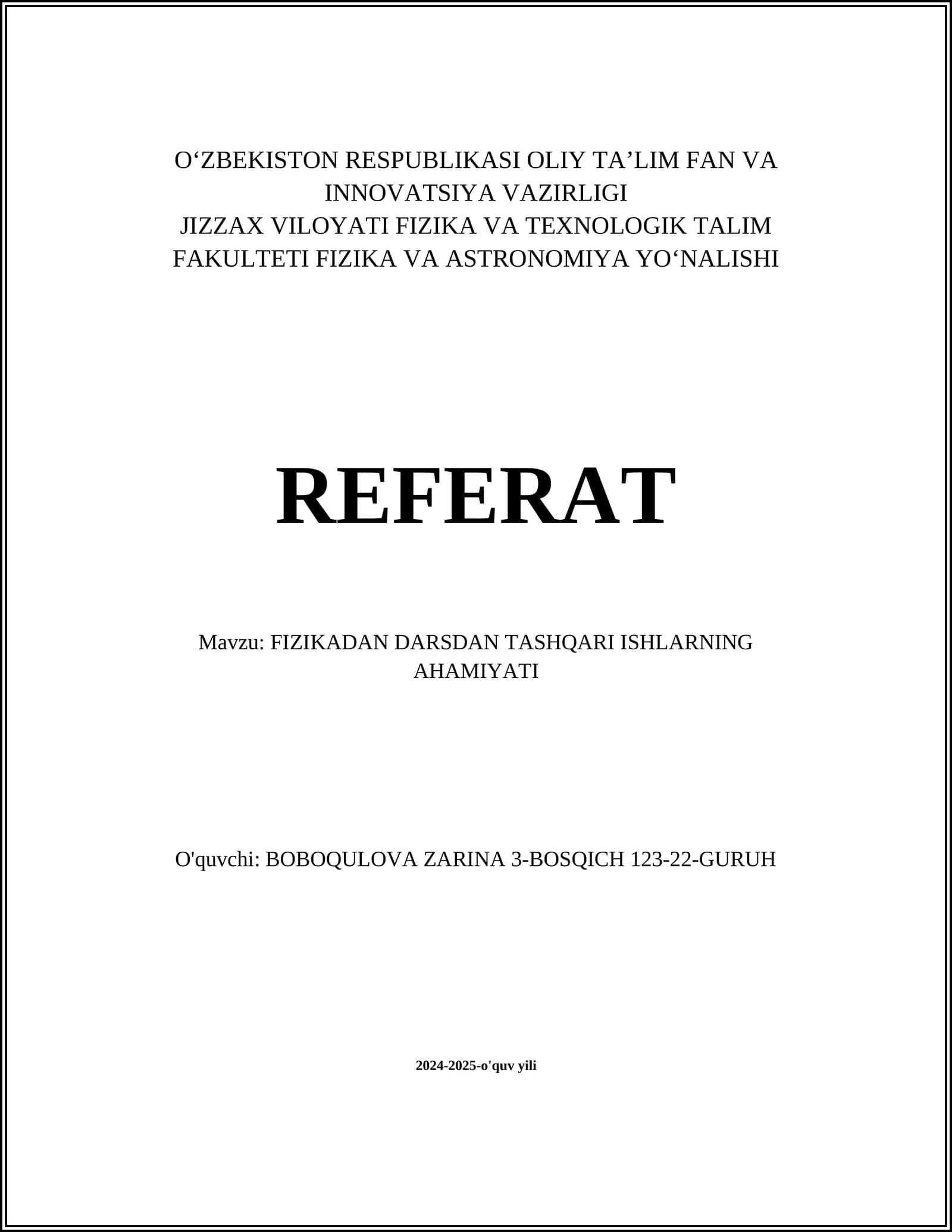 FIZIKADAN DARSDAN TASHQARI ISHLARNING AHAMIYATI