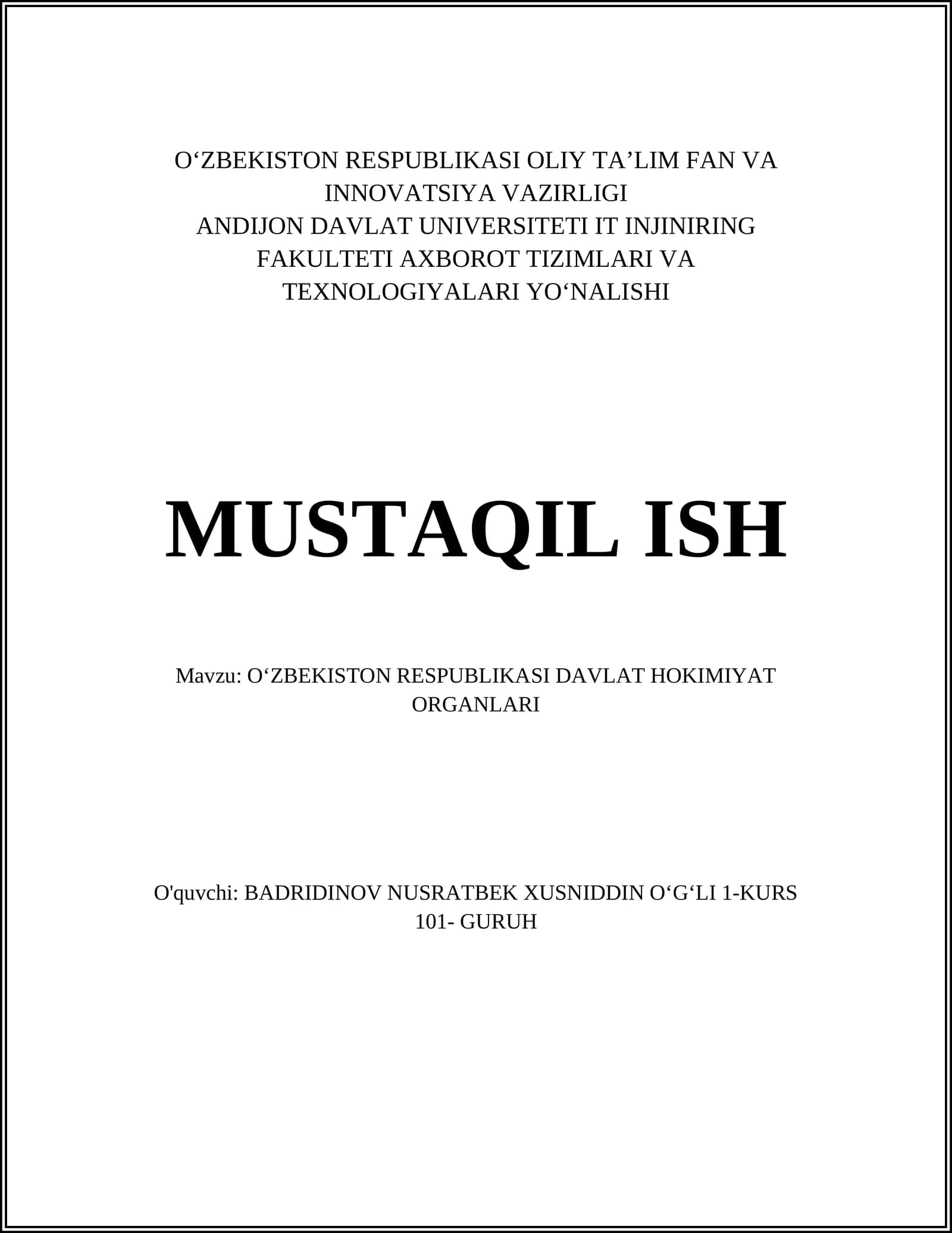 OʻZBEKISTON RESPUBLIKASI DAVLAT HOKIMIYAT ORGANLARI