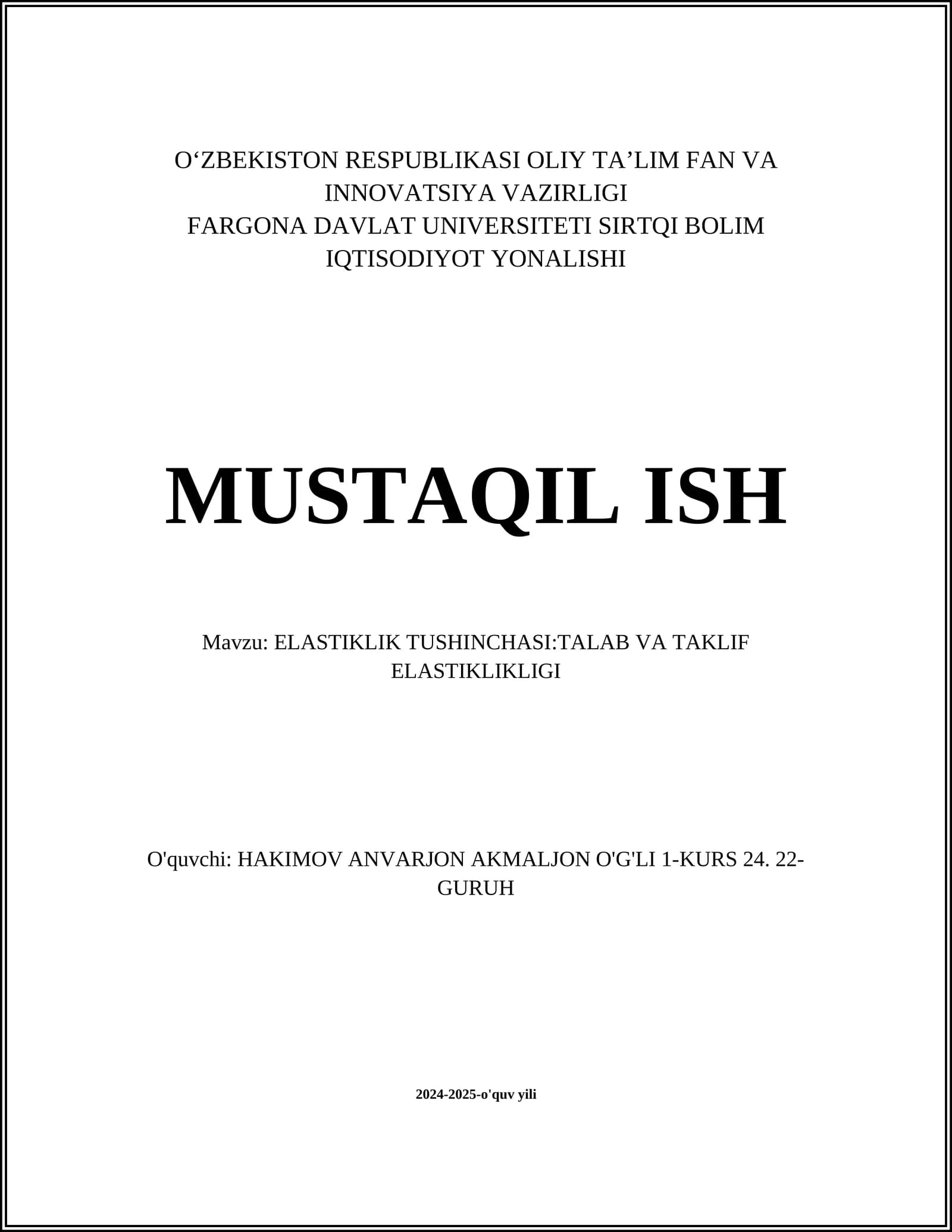 ELASTIKLIK TUSHINCHASI:TALAB VA TAKLIF ELASTIKLIKLIGI