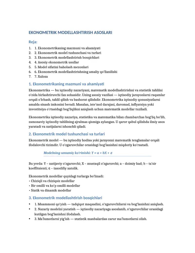 EKONOMETRIK MODELLASHTIRISH ASOSLARI