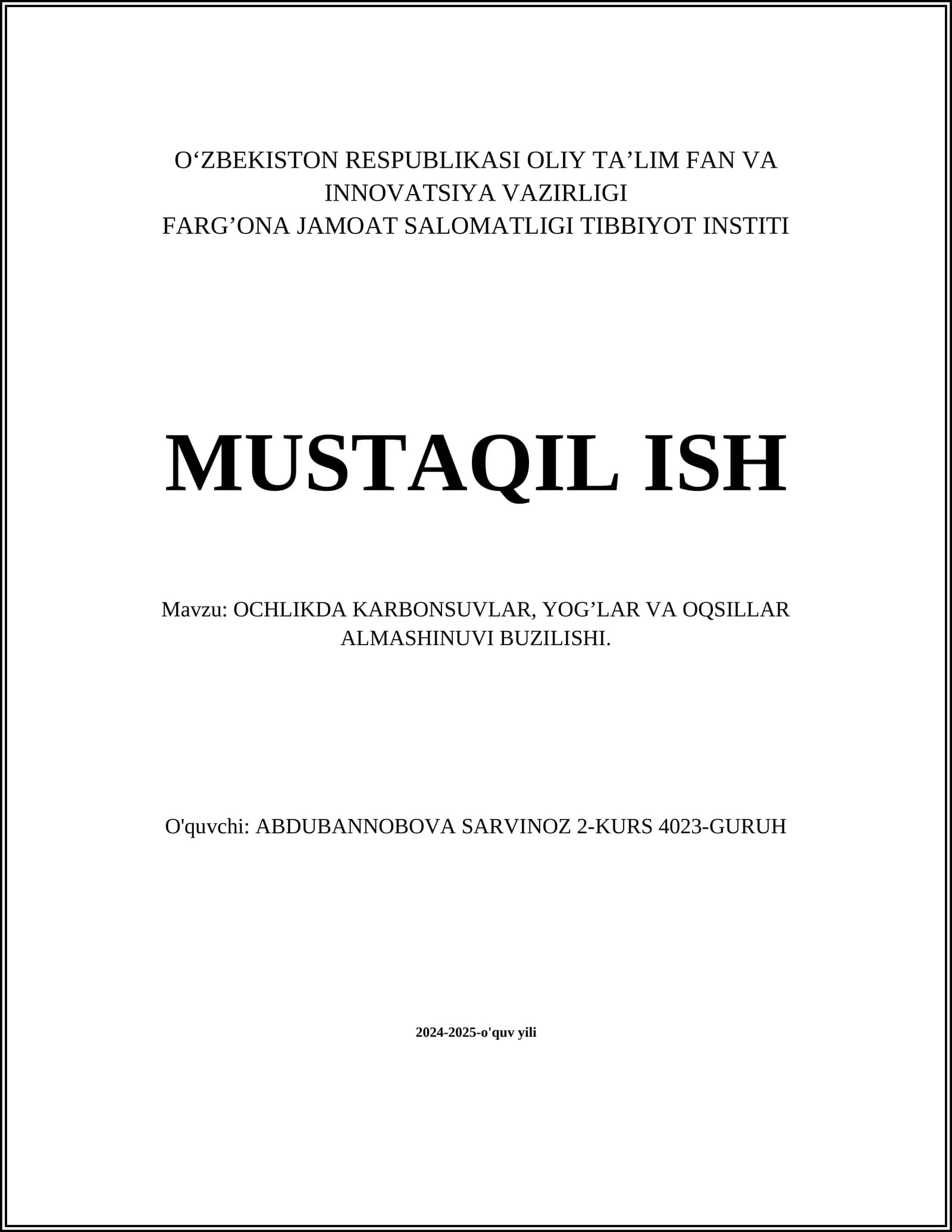 OCHLIKDA KARBONSUVLAR, YOG’LAR VA OQSILLAR ALMASHINUVI BUZILISHI