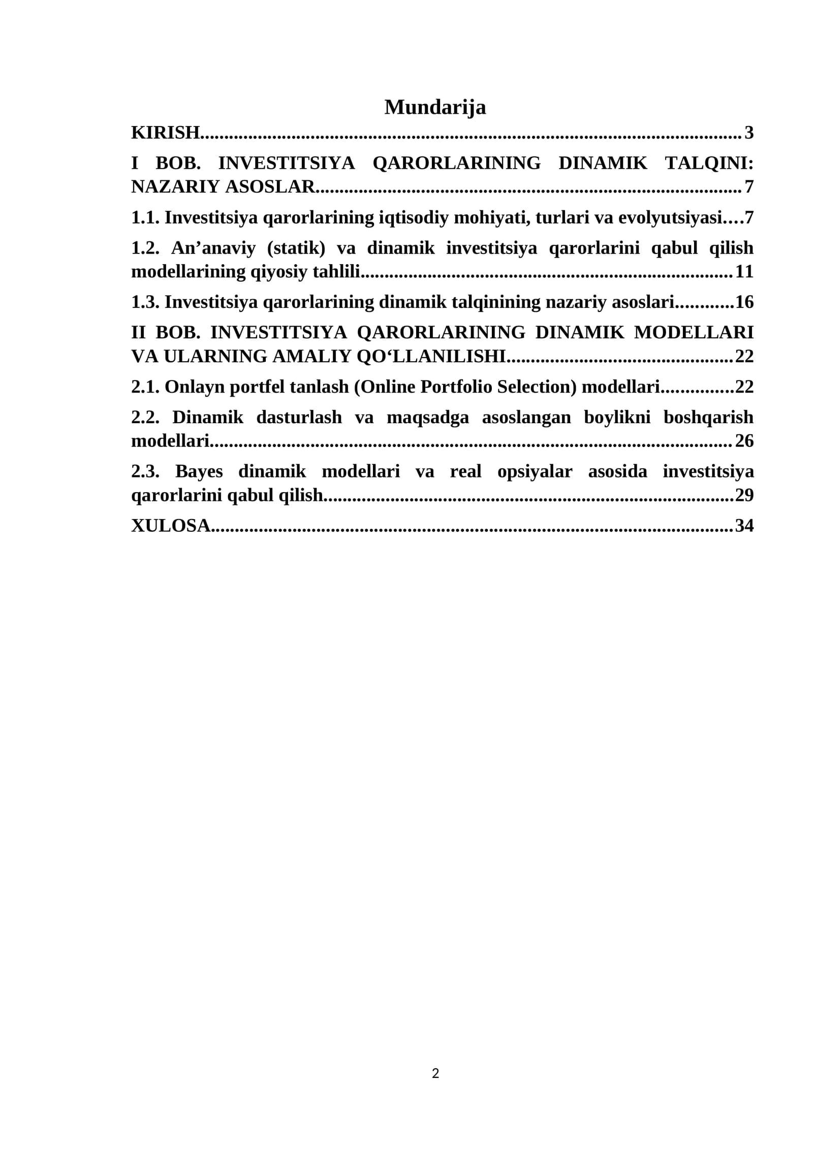 INVESTITSIYA QARORLARINING DINAMIK TALQINI