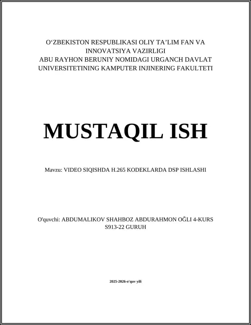 VIDEO SIQISHDA H.265 KODEKLARDA DSP ISHLASHI