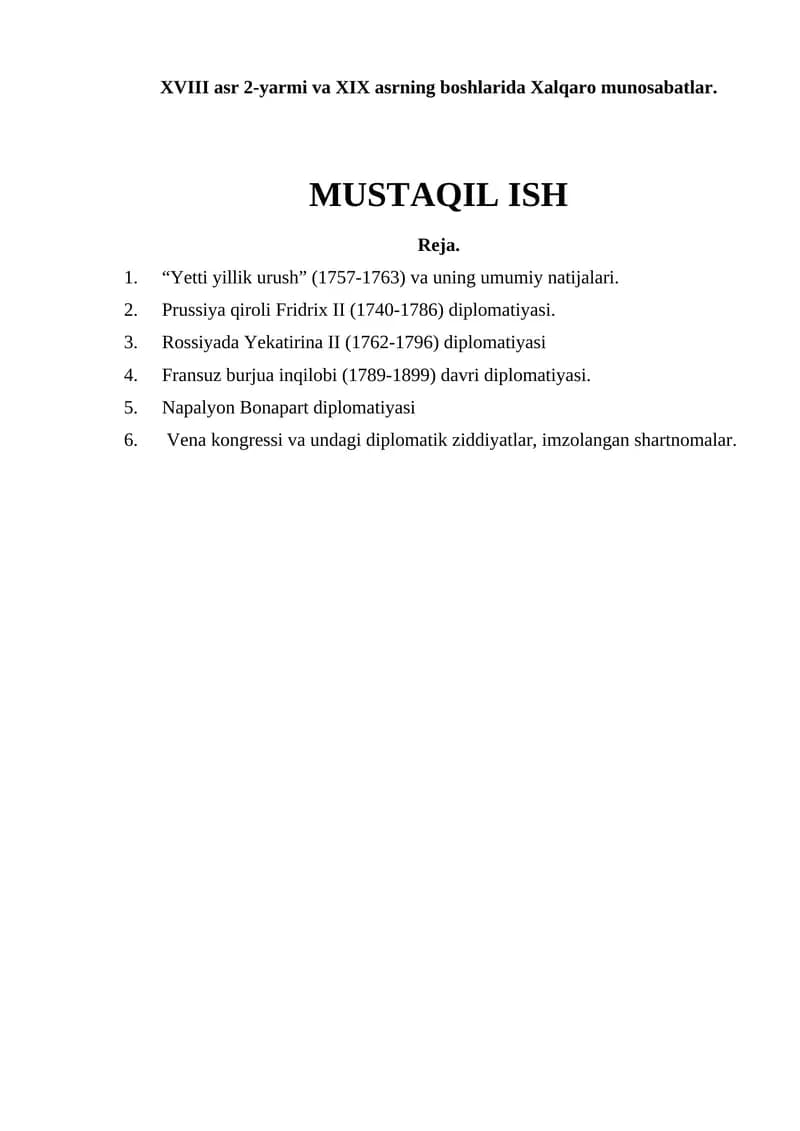 XVIII asr 2-yarmi va XIX asrning boshlarida Xalqaro munosabatlar