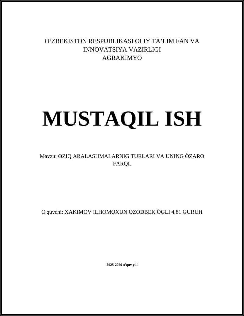 Oziq aralashmalarining umumiy tasnifi