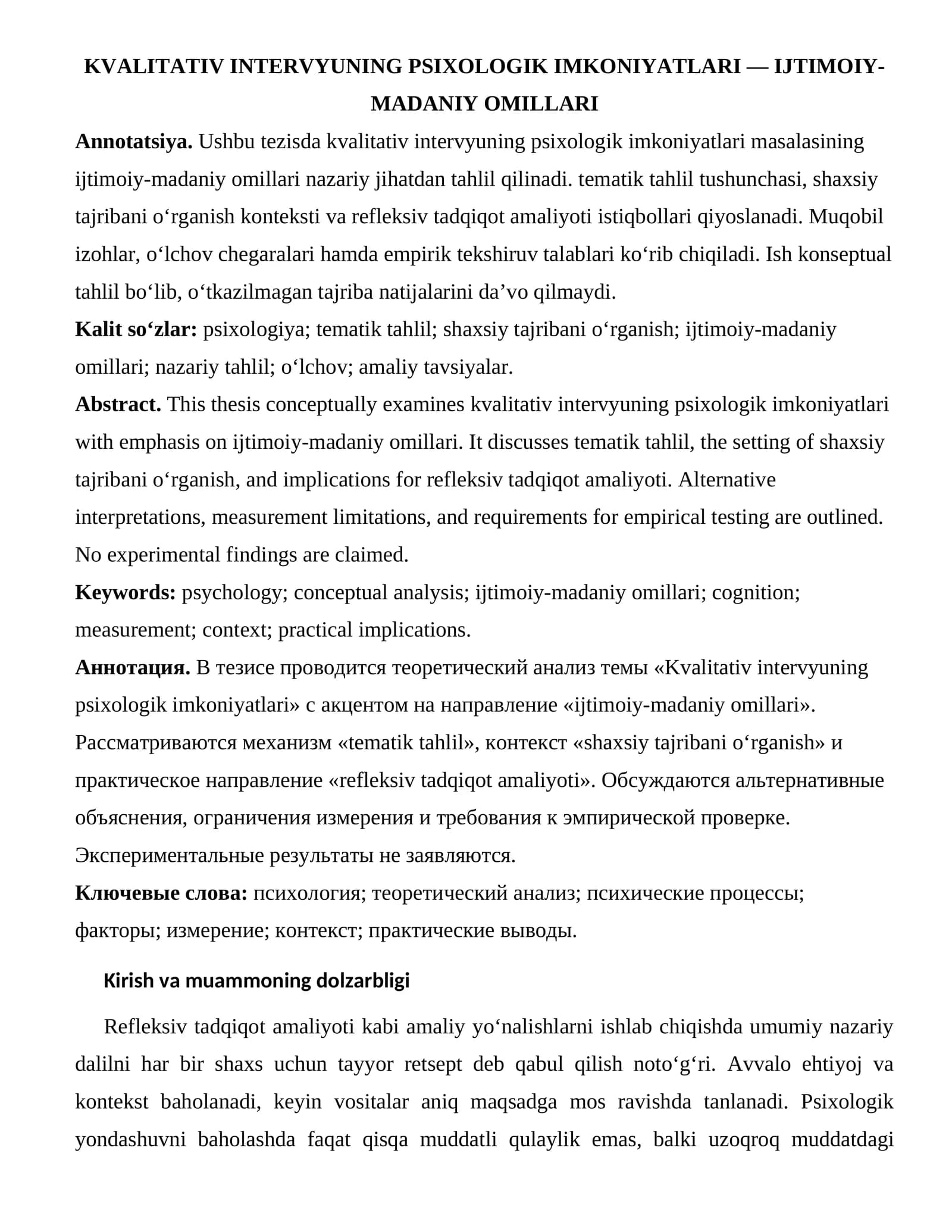 KVALITATIV INTERVYUNING PSIXOLOGIK IMKONIYATLARI — IJTIMOIY-MADANIY OMILLARI