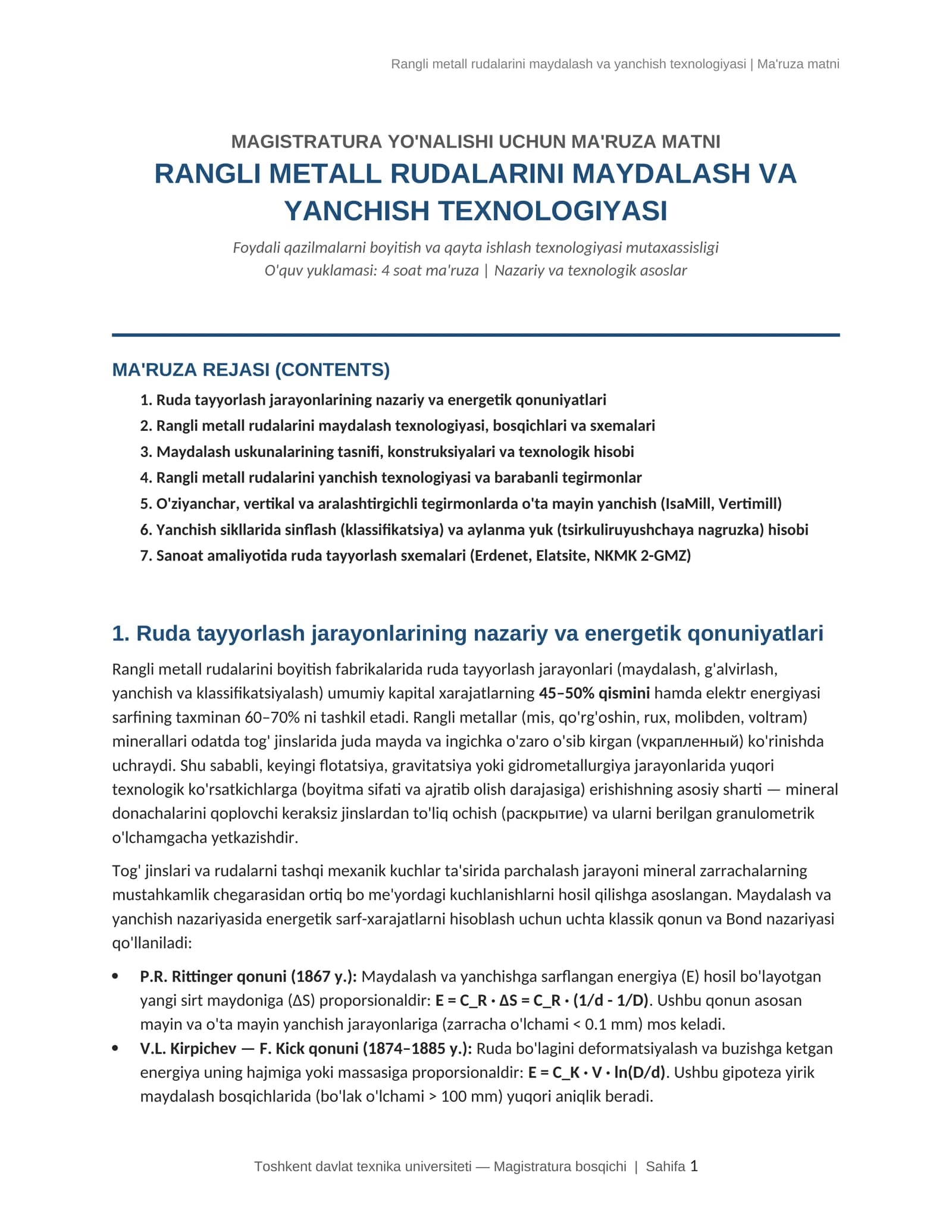 Rangli metall rudalarini maydalash va yanchish texnologiyasi