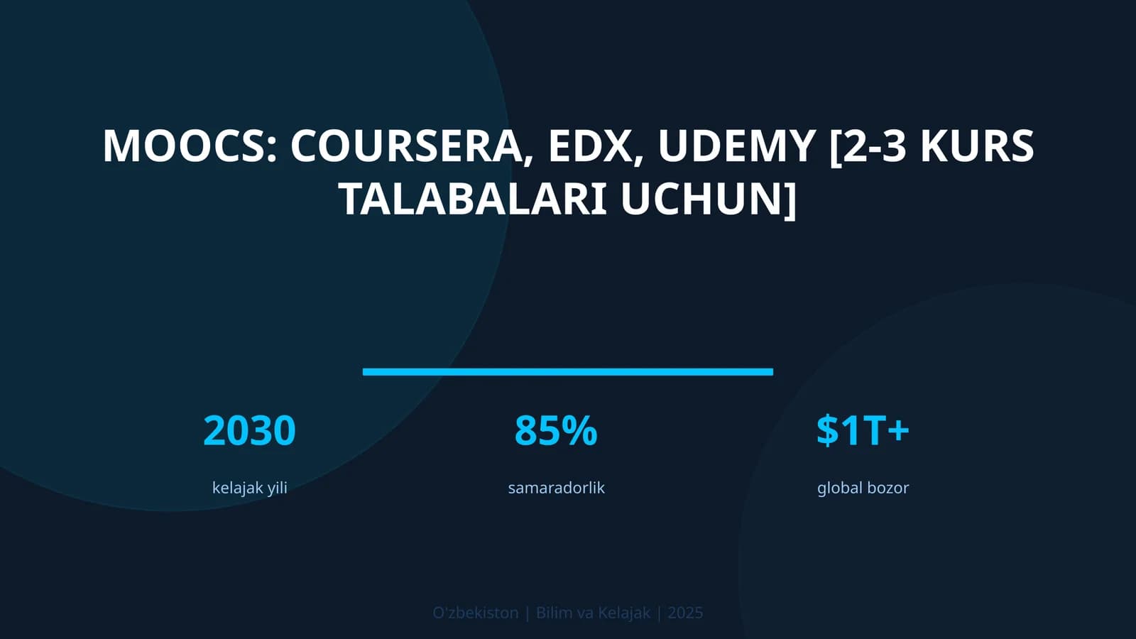 MOOCs: Coursera, edX, Udemy [2-3 kurs talabalari uchun]