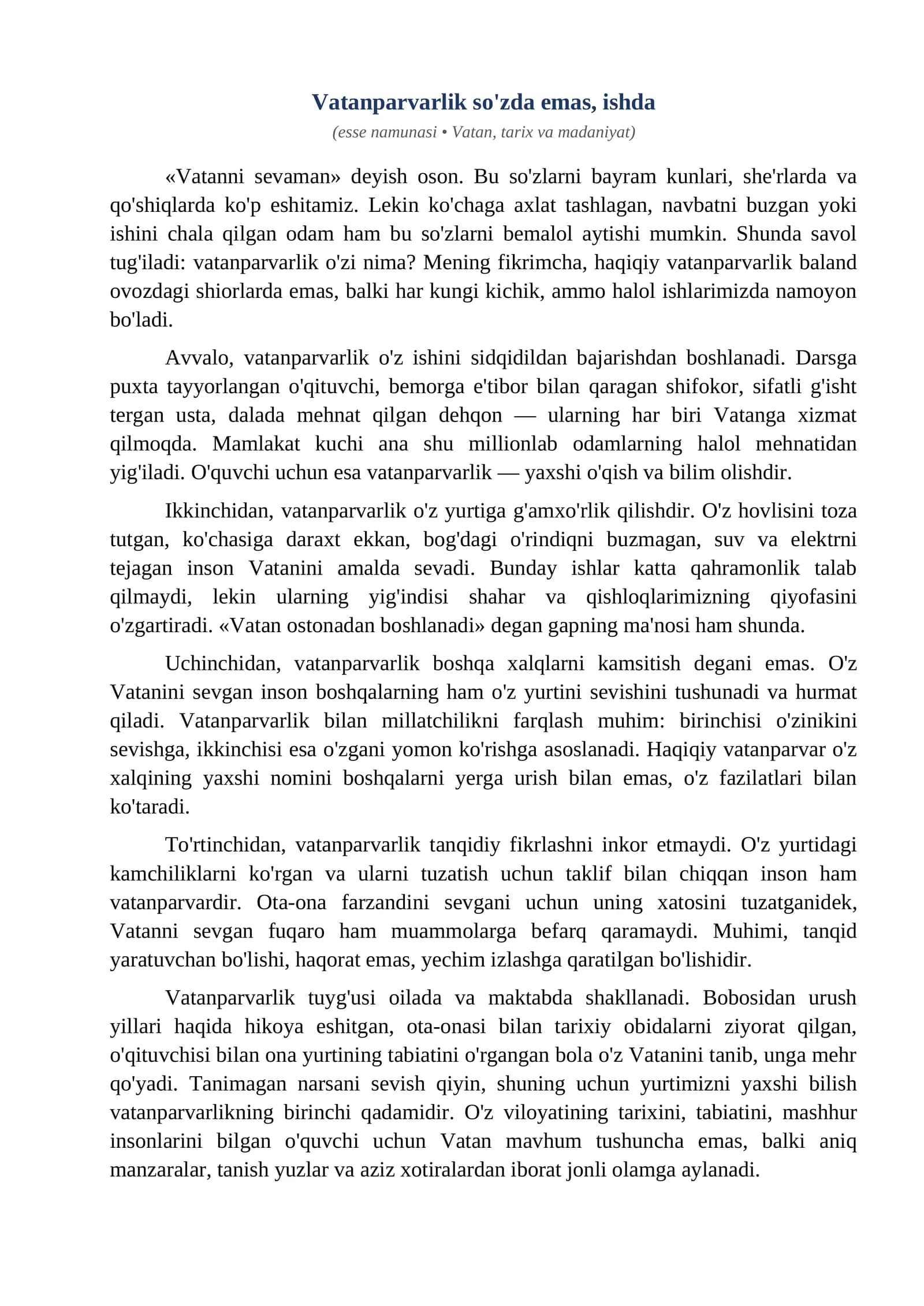 Esse Vatanparvarlik sozda emas ishda