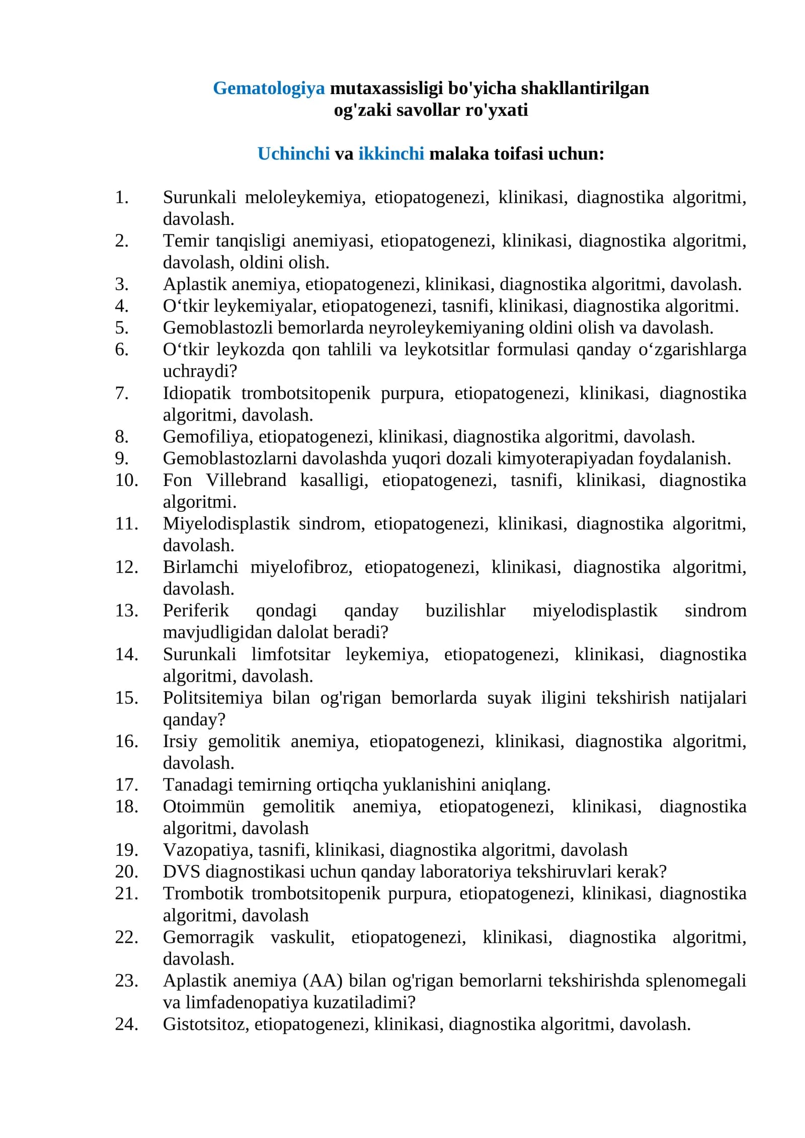 Gematologiya mutaxassisligi bo'yicha shakllantirilgan og'zaki savollar ro'yxati