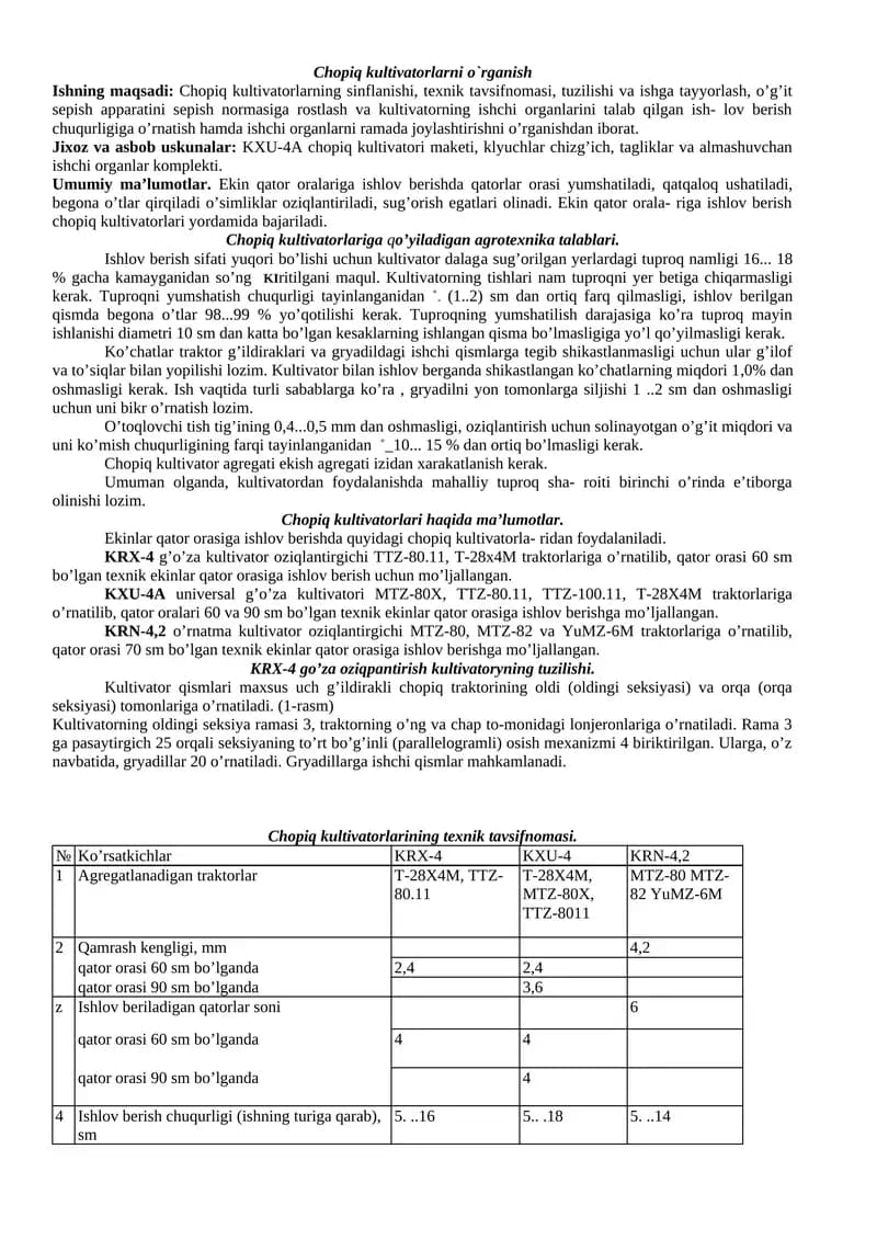 Chopiq kultivatorlarni o`rganish