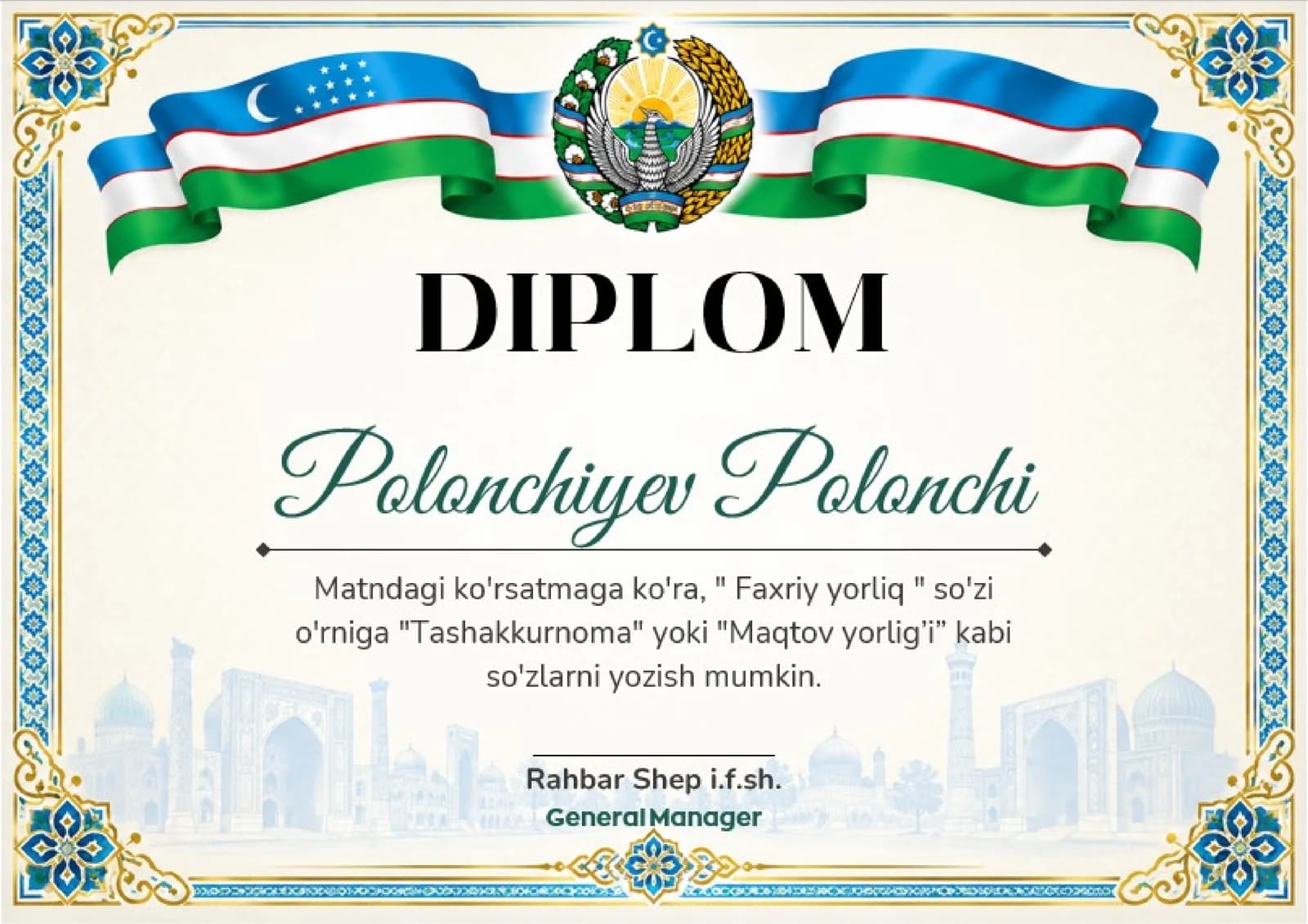 Shablon diplom, sertifikat, faxriy yorliq, tashakkurnoma yoki maqtov yorlig'i