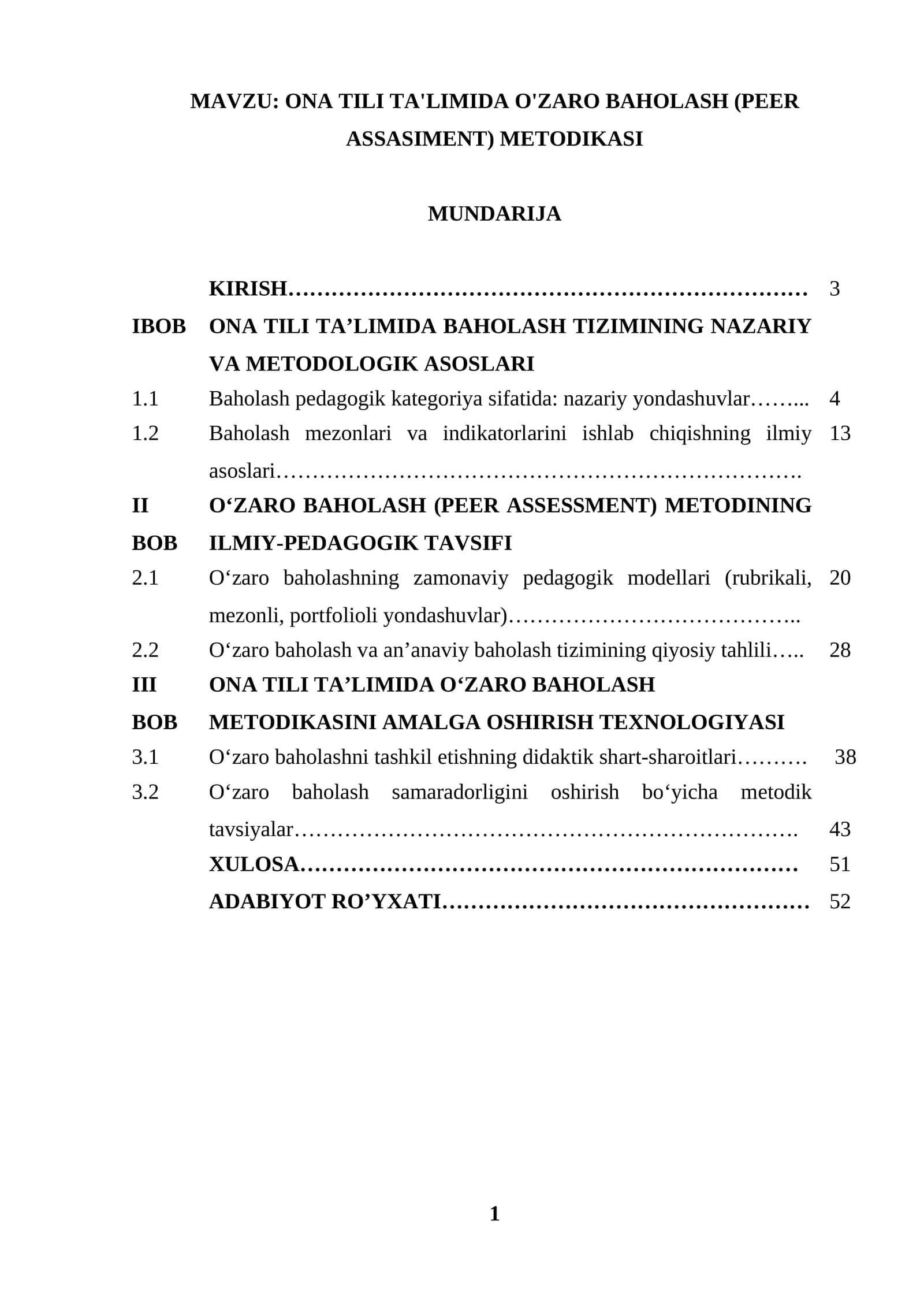 ONA TILI TA'LIMIDA O'ZARO BAHOLASH (PEER ASSESSMENT) METODIKASI