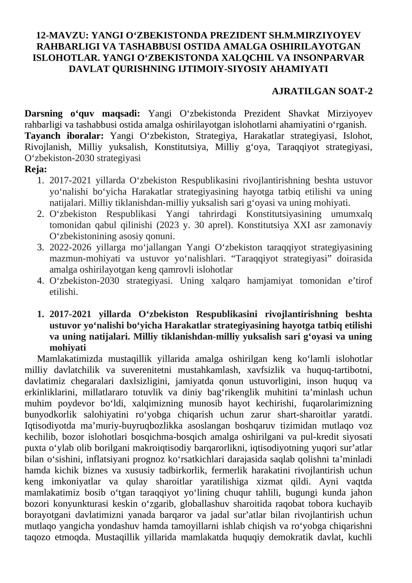 Yangi Oʻzbekistonda Prezident Sh.M.Mirziyoyev Rahbarligi va Tashabbusi Ostida Amalga Oshirilayotgan Ishlohlar