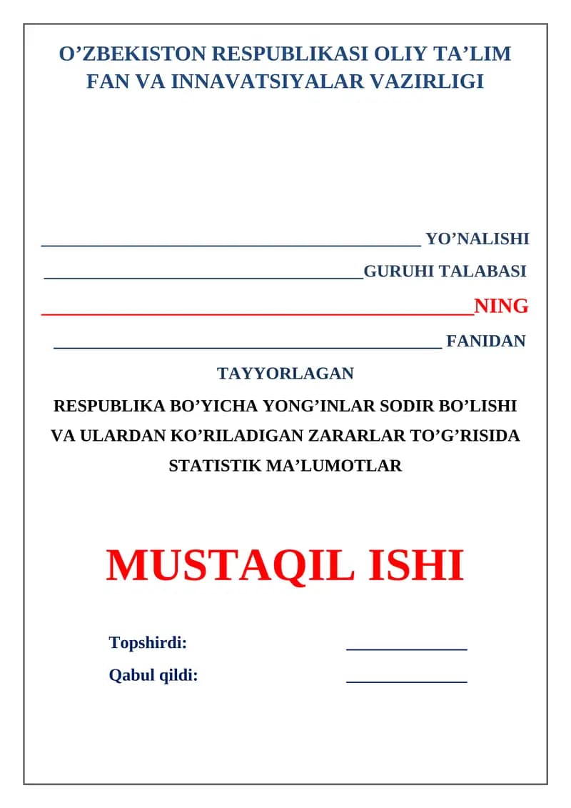Respublika bo’yicha yong’inlar sodir bo’lishi va ulardan ko’riladigan zararlar to’g’risida statistik ma’lumotlar