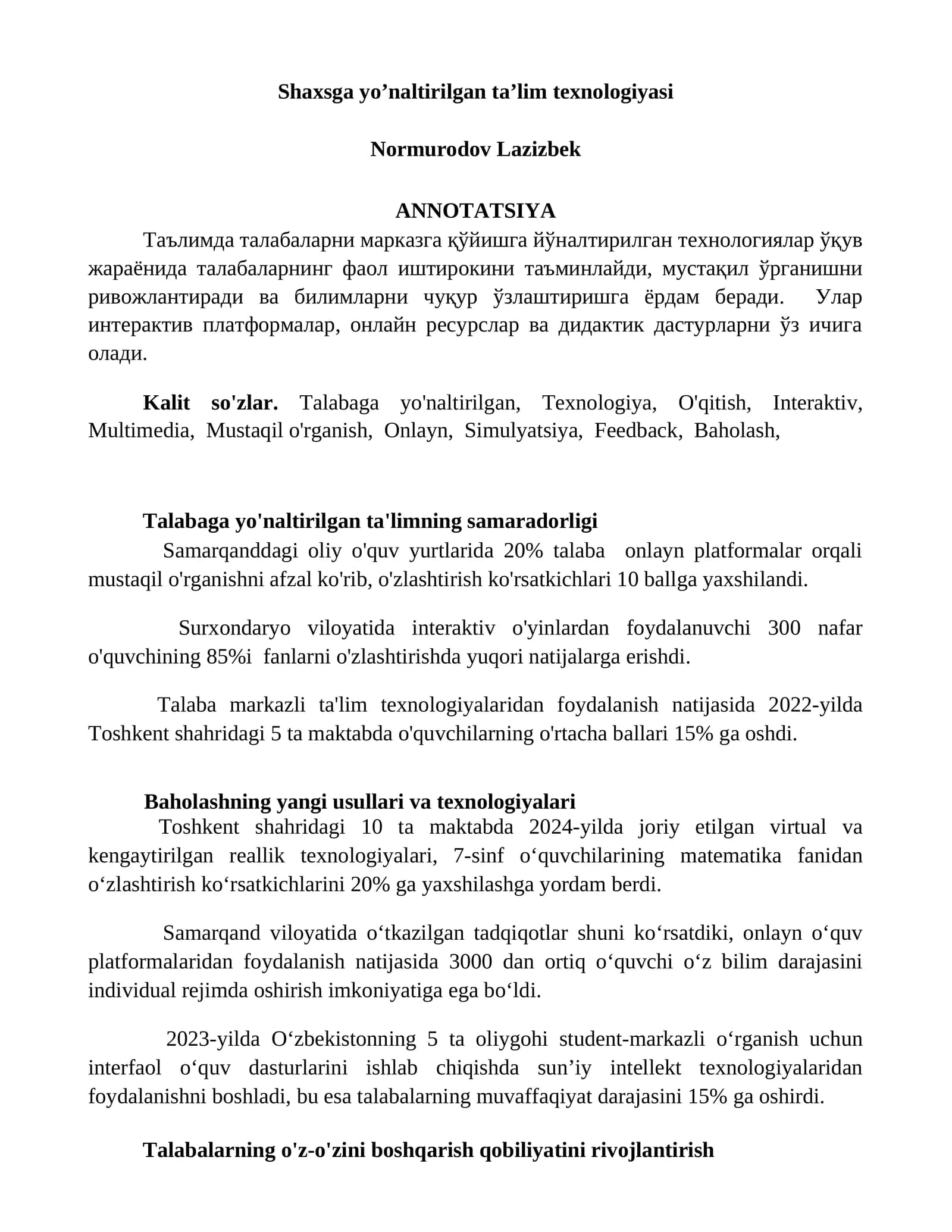 Shaxsga yo’naltirilgan ta’lim texnologiyasi