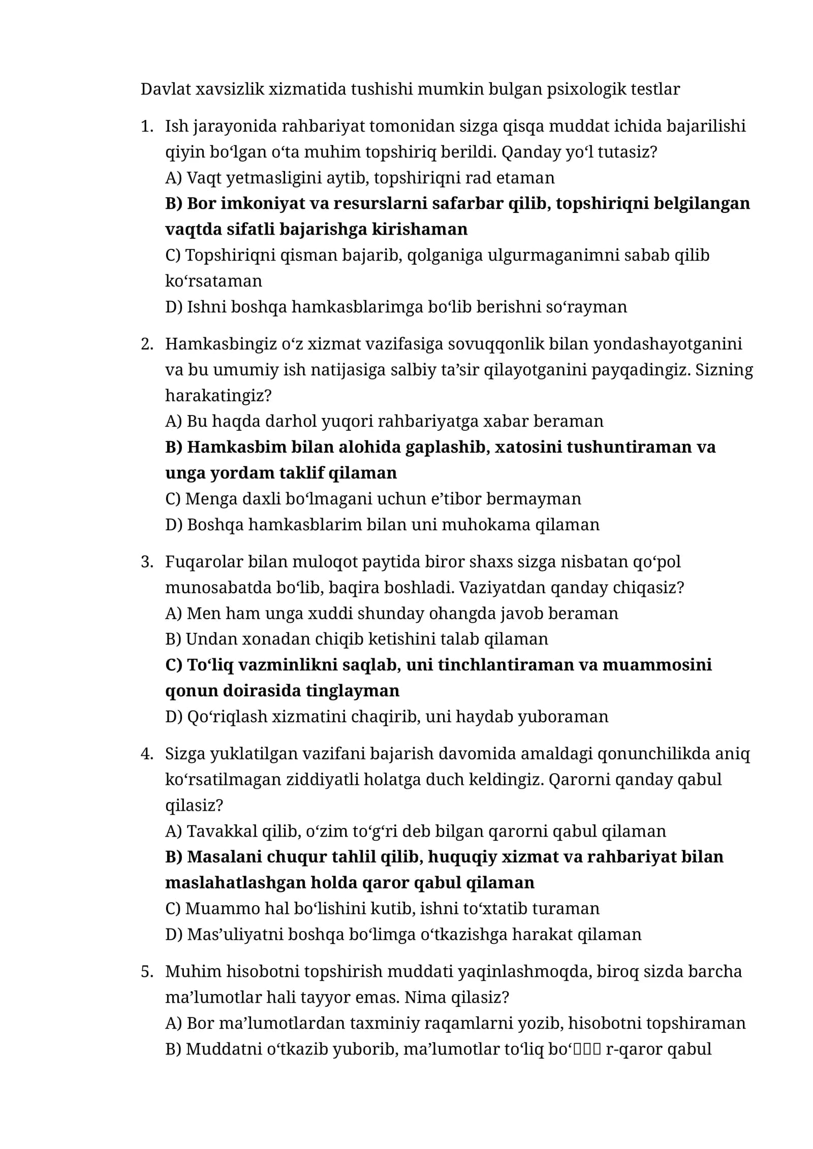 Davlat Xavfsizlik xizmati akademiyasi uchun psixologik testlar 300 talik