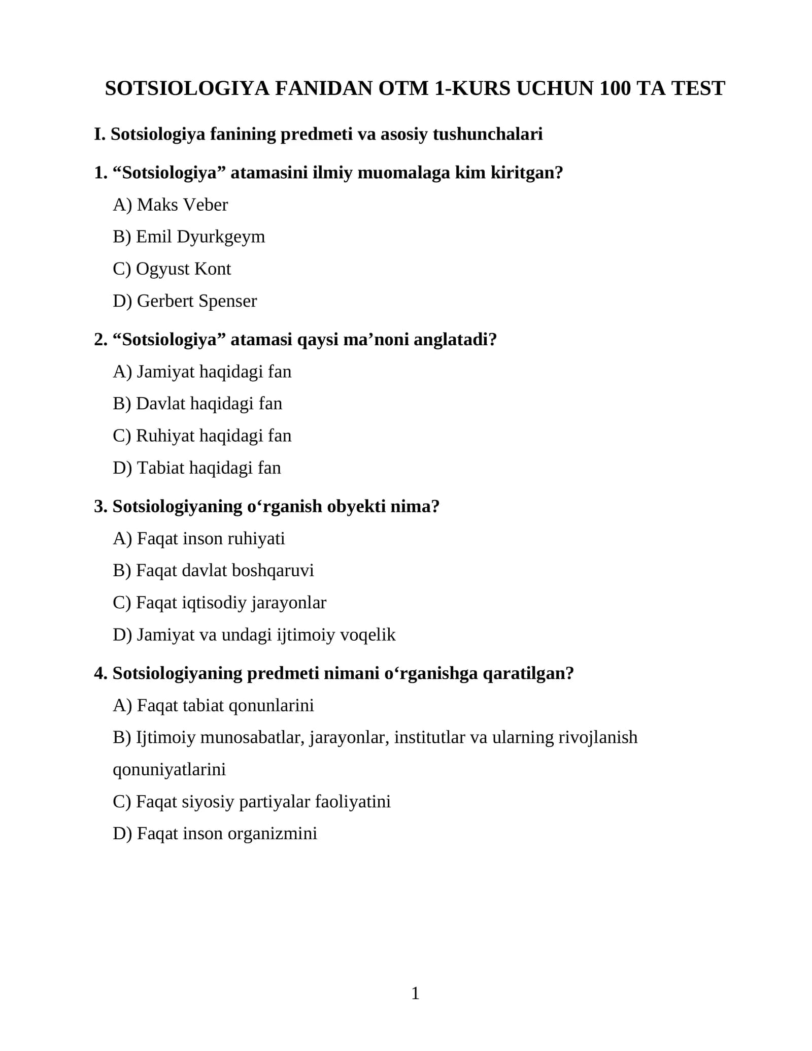 SOTSIOLOGIYA FANIDAN OTM 1-KURS UCHUN 100 TA TEST