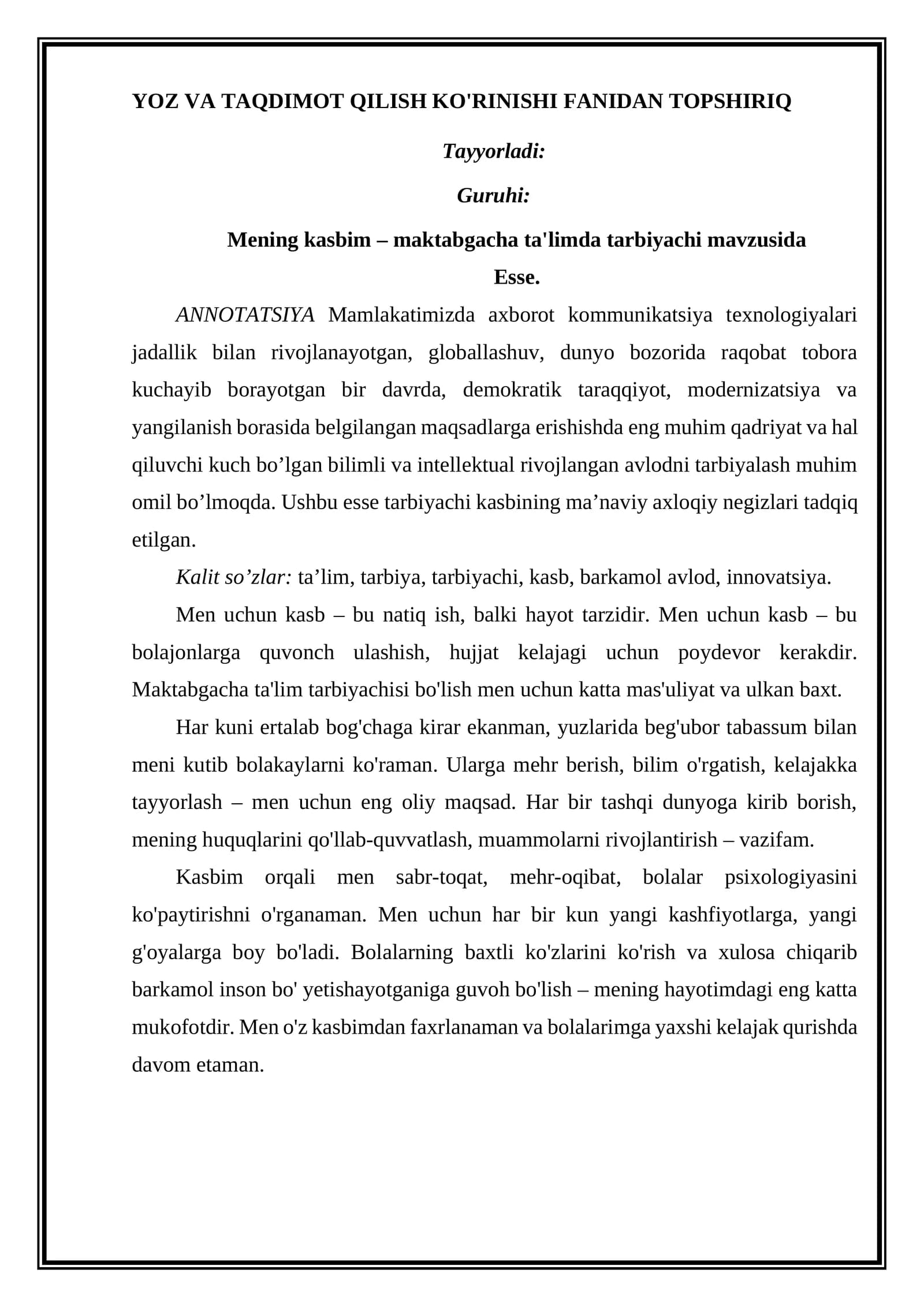 YOZ VA TAQDIMOT QILISH KO'RINISHI FANIDAN TOPSHIRIQ