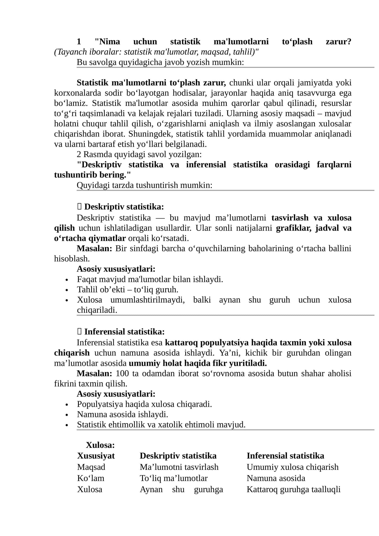 Statistik ma'lumotlarni to‘plash zarur (Maqsad, tahlil)