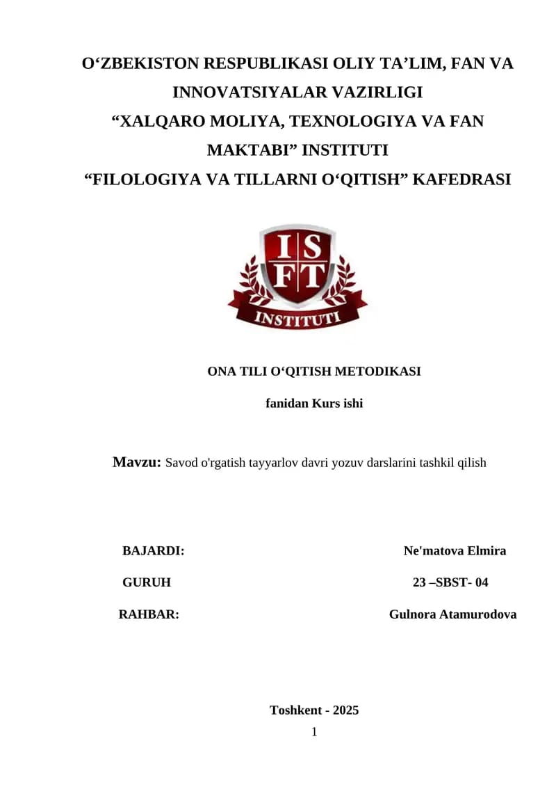 Savod o'rgatish tayyarlov davri yozuv darslarini tashkil qilish