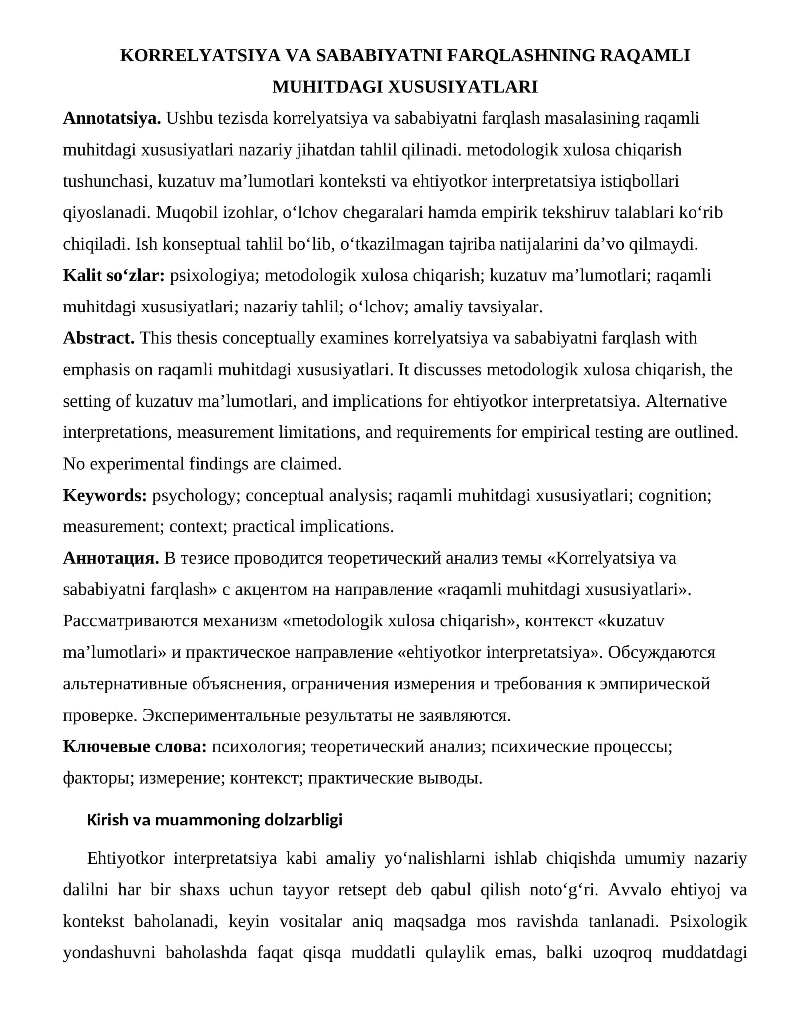 KORRELYATSIYA VA SABABIYATNI FARQLASHNING RAQAMLI MUHITDAGI XUSUSIYATLARI
