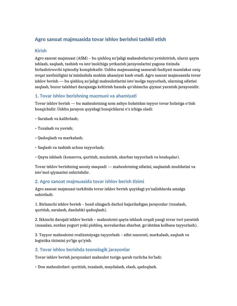 Agro sanoat majmuasida tovar ishlov berish