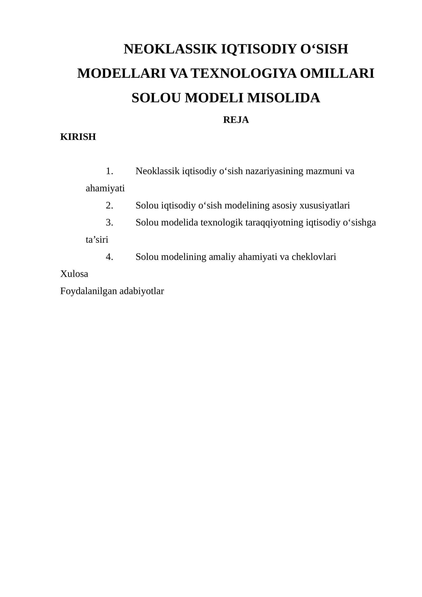 Neoklassik Iqtisodiy O‘sish Modellari va Texnologiya Omillari Solou Modeli Misolida