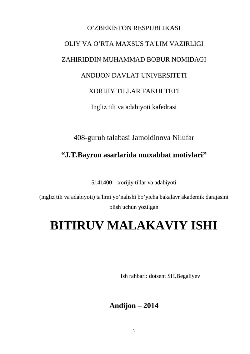 J.T.Bayron asarlarida muxabbat motivlari