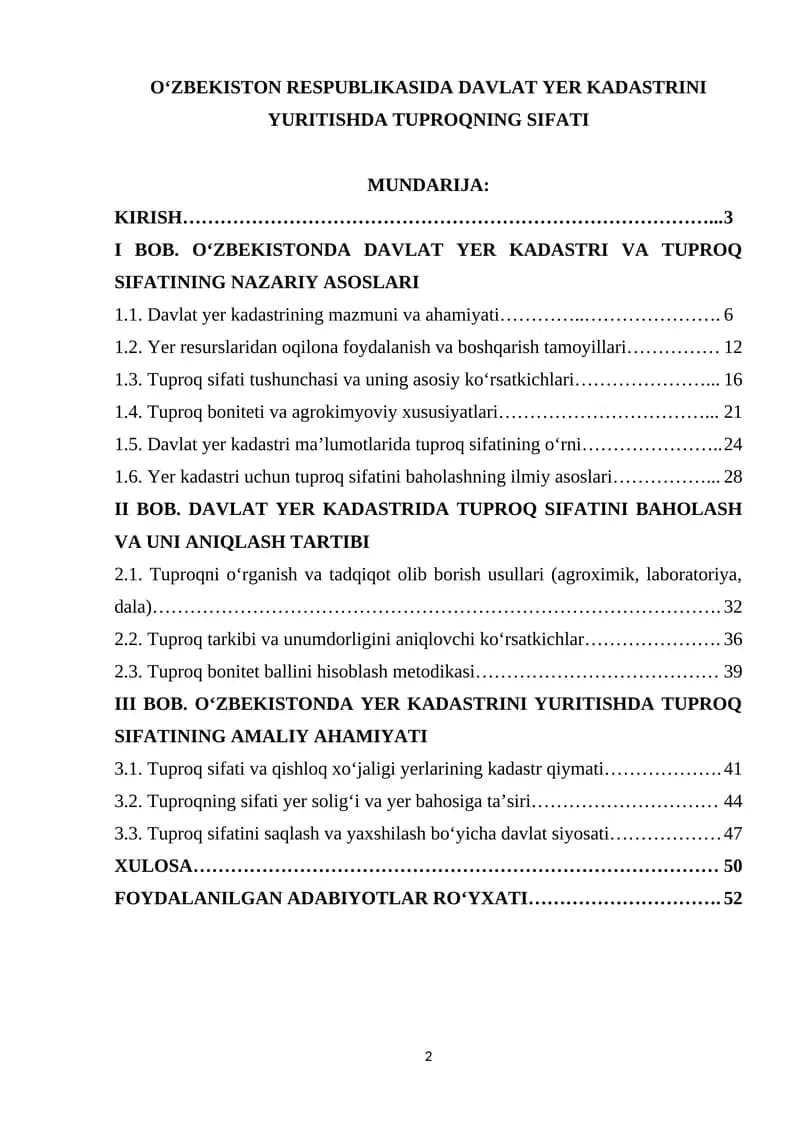 O‘ZBEKISTON RESPUBLIKASIDA DAVLAT YER KADASTRINI YURITISHDA TUPROQNING SIFATI