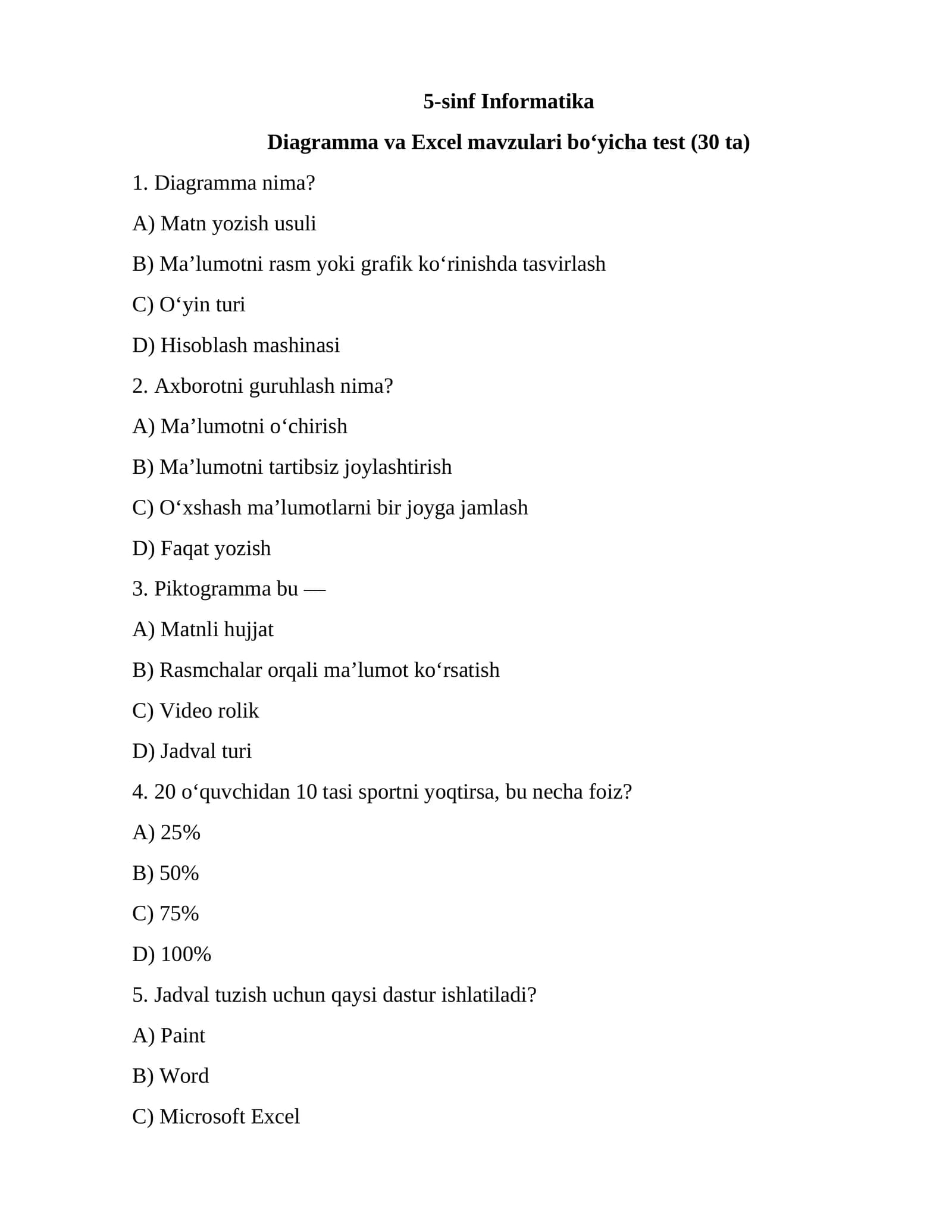 5-sinf 3-chorak uchun 30 talik test