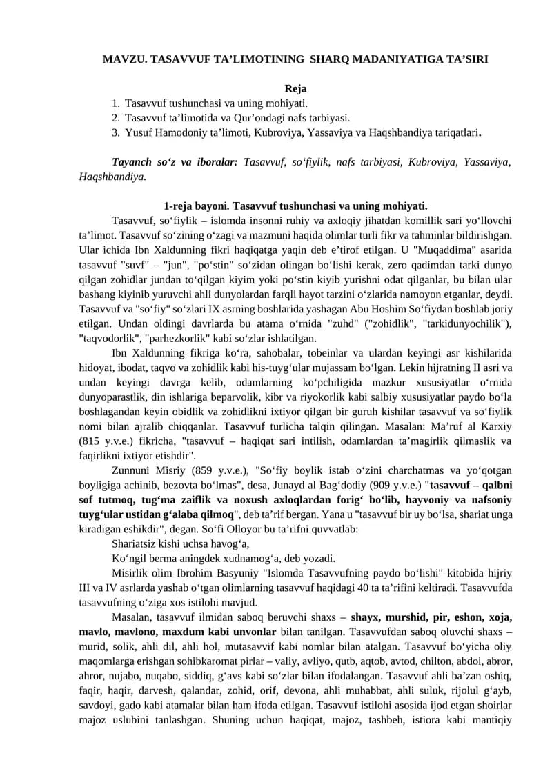 TASAVVUF TA’LIMOTINING  SHARQ MADANIYATIGA TA’SIRI