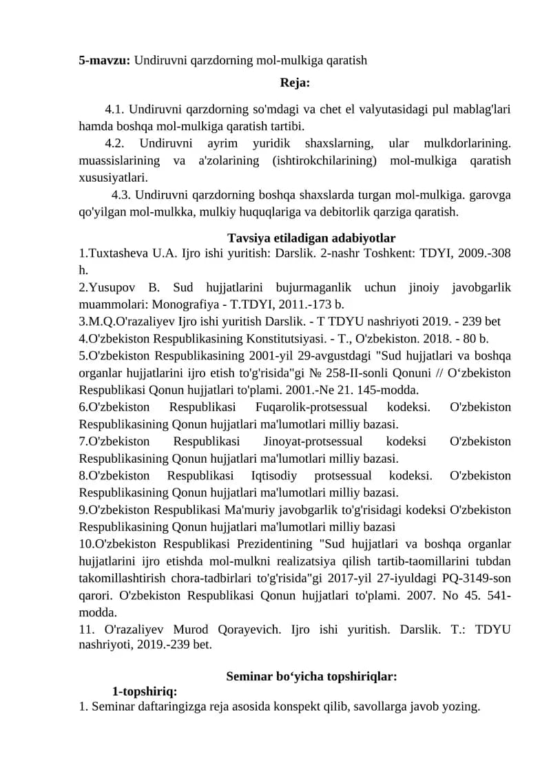 Undiruvni qarzdorning mol-mulkiga qaratish
