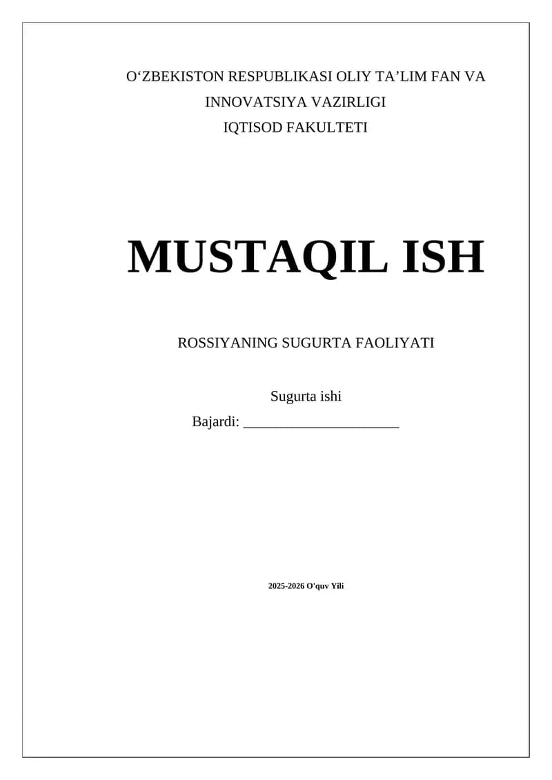 Rossiyaning Sugurta Faoliyati