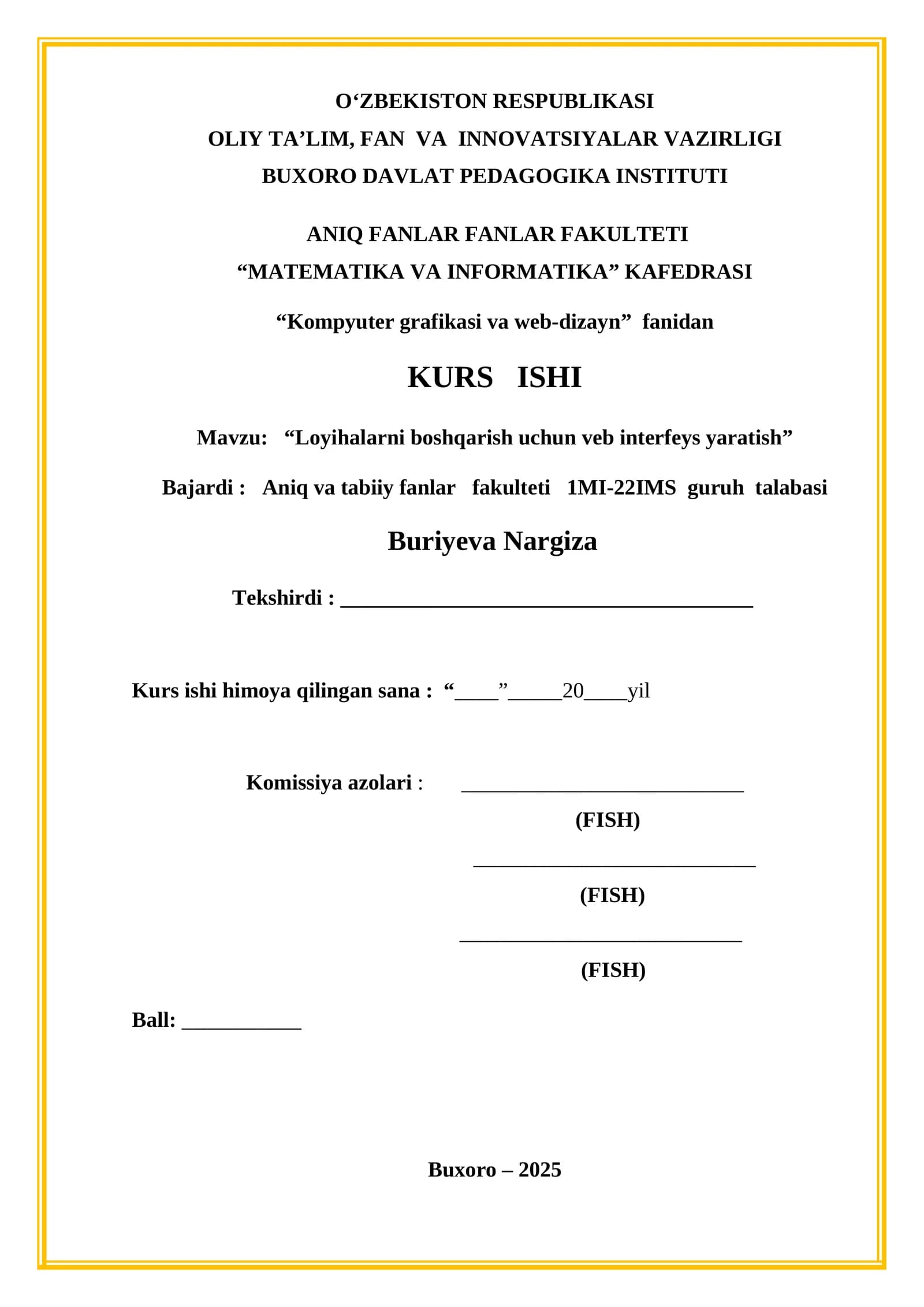 KURS ISHI: "Loyihalarni boshqarish uchun veb interfeys yaratish"